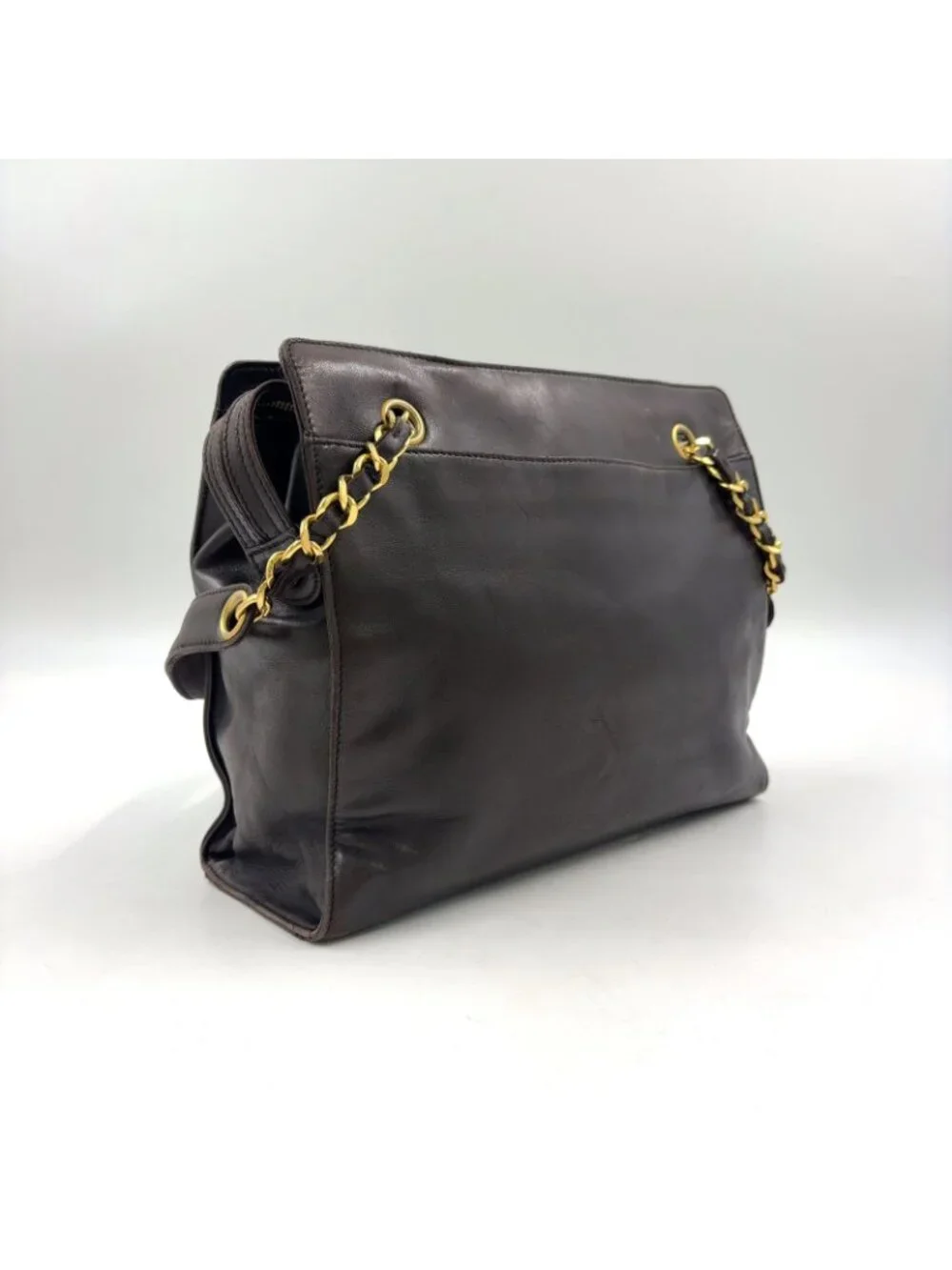 Chanel CC Logo Chain Lambskin Dark Brown Tote Bag Gold